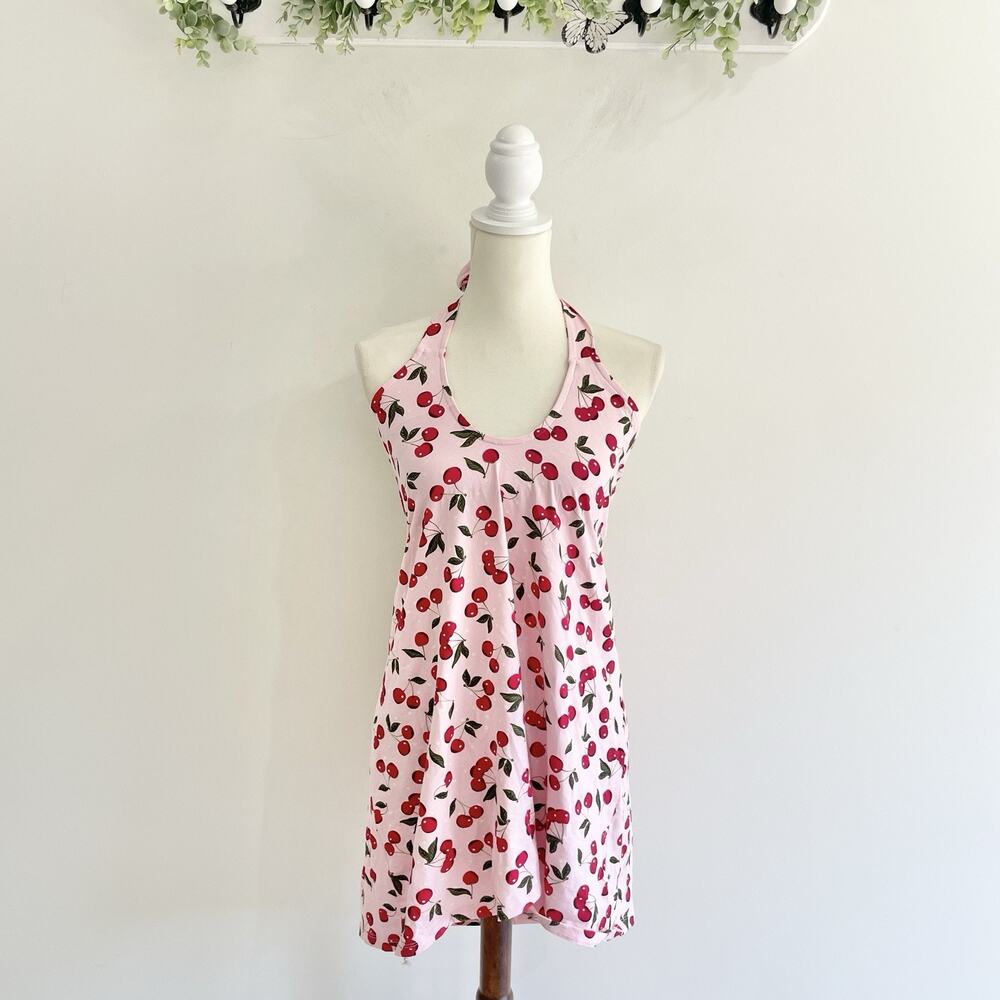 Retro Chic Pink Cherry print Halter Top Mini Dress Size 4 16-5394 sundress